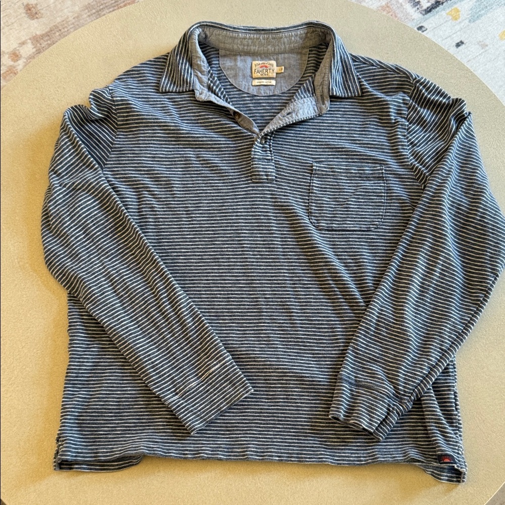 Faherty Blue and White Organic Cotton Striped Polo Shirt